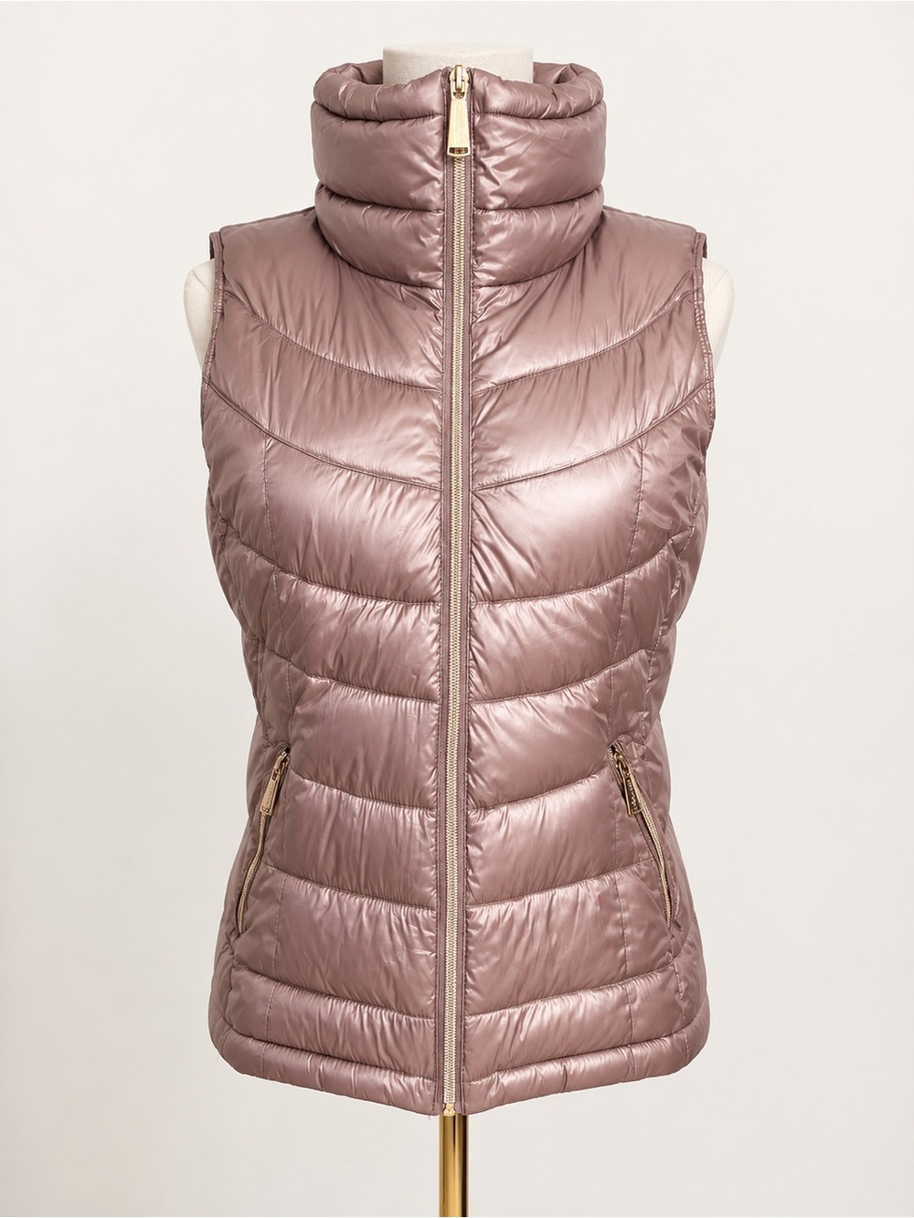 Calvin Klein Women’s Small Metallic Rose Gold Puffer Vest High Collar Zip Front